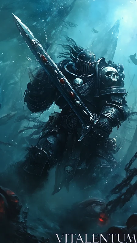 Armored dark knight strides through eerie underwater battle.