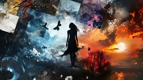 Silhouetted woman walks through swirling storm of dreams