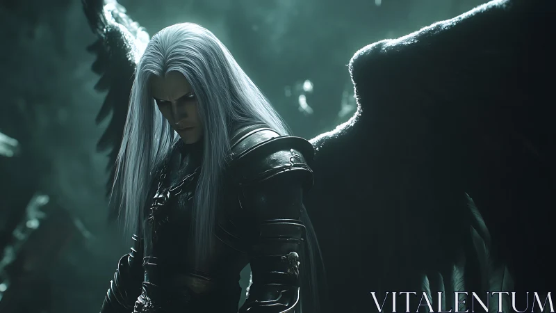 Fallen angel warrior broods in misty emerald twilight