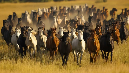 Large mixed-color horse herd runs forward across grassland