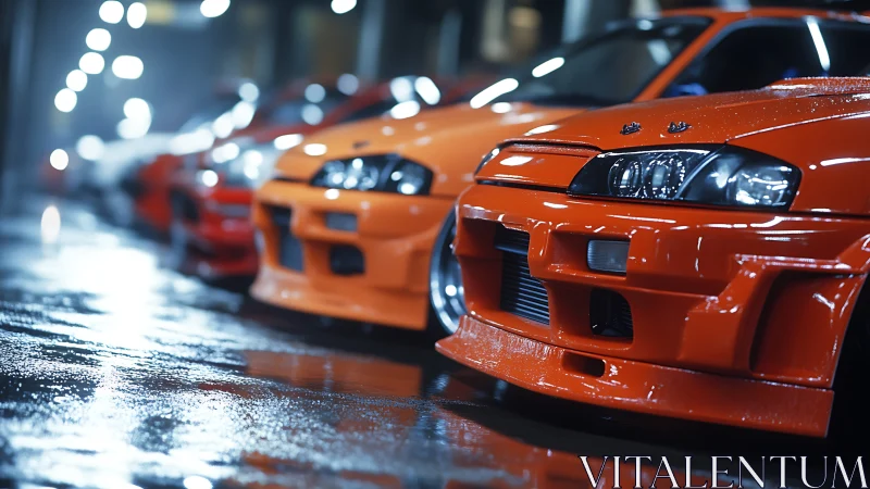 Row of modified sports cars on wet reflective pavement.
