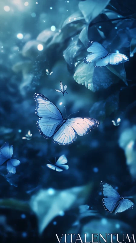 Luminous blue butterflies drifting through midnight forest.