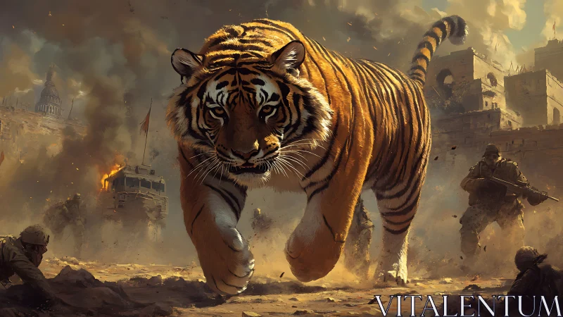 Giant war-torn tiger strides through burning urban battlefield