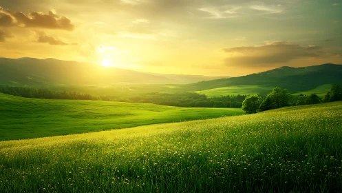Sunlit rolling meadows under glowing golden horizon sky.