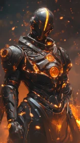 Molten-core cybernetic warrior in ember-lit armor stance.