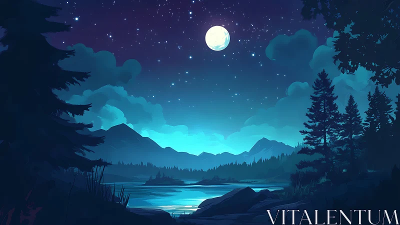 Moonlit alpine lake rendered in stylized nocturnal digital art