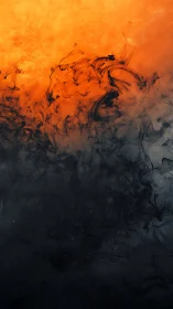 Fiery orange smoke billows above deep swirling black ink