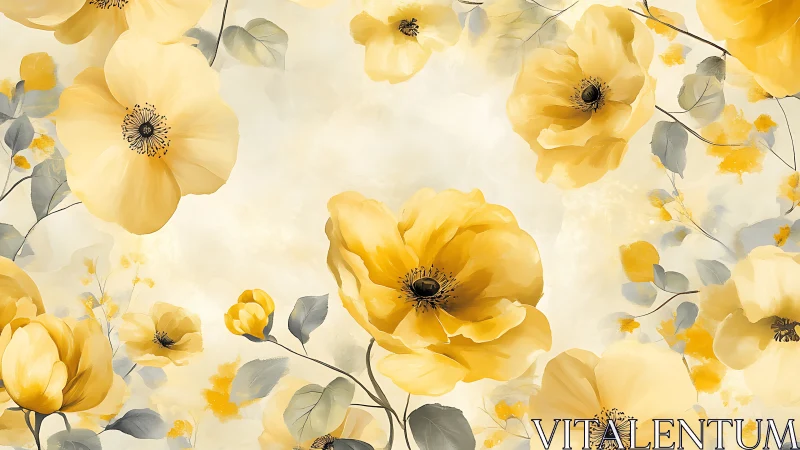 Yellow Poppies with Soft Gray Foliage Against Cream Background