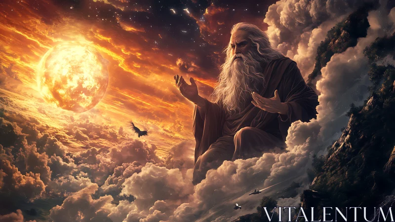 Cosmic elder conducts sunsets across burning cloud oceans