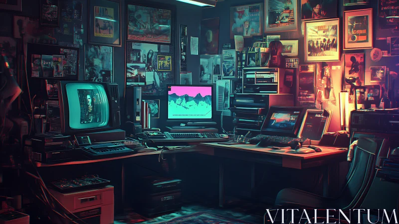 Retro-futuristic dual-monitor workstation with neon side lighting