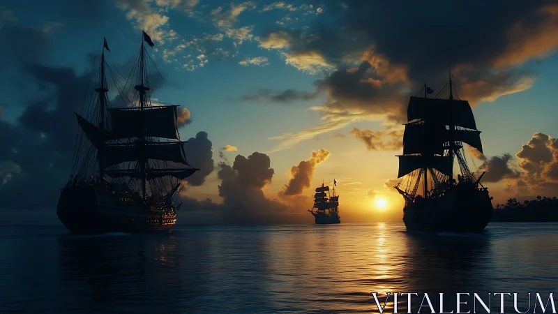 Tall ships crossing sunset bay under dramatic clouds.