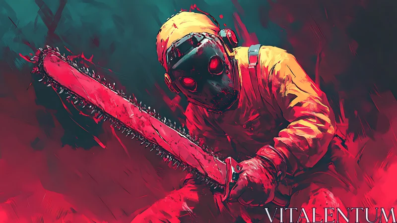 Masked chainsaw wielder advances through neon red haze