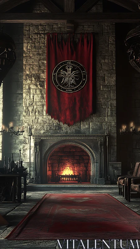 Medieval stone hall displays roaring hearth and crimson banner