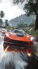 Orange supercar races through wet mountain road in rainstorm.