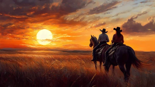 Cowboy riders observe blazing prairie sunset in painterly light