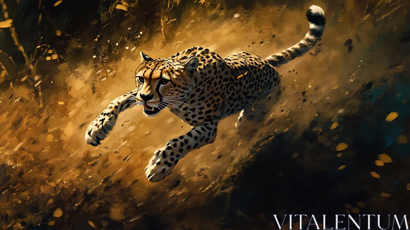 High-speed cheetah sprint rendered with dynamic motion blur and dust