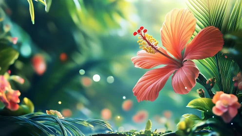 Vibrant coral hibiscus blooms in lush tropical garden paradise.