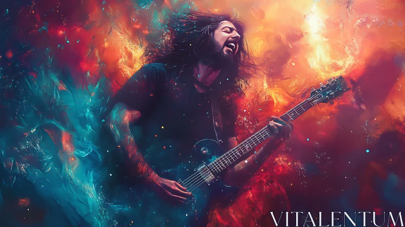 Guitarist in abstract red and blue digital environment.