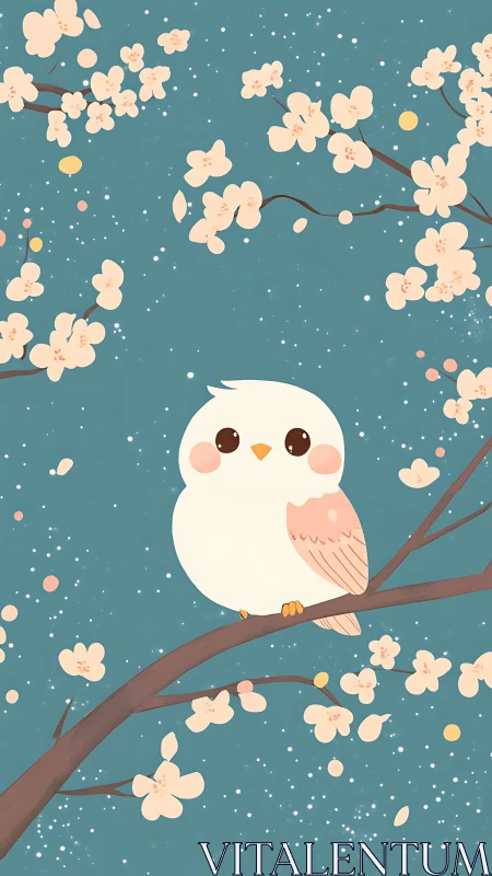 Minimalist pastel owl perched among stylized cherry blossoms