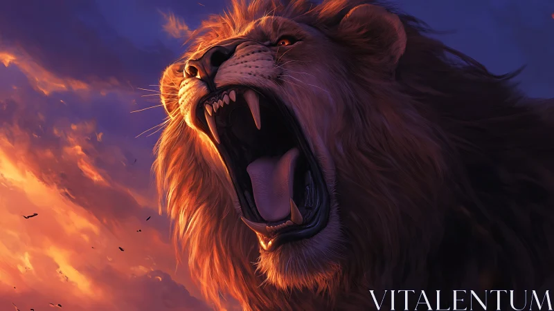 Roaring lion profile under dramatic twilight sky lighting.