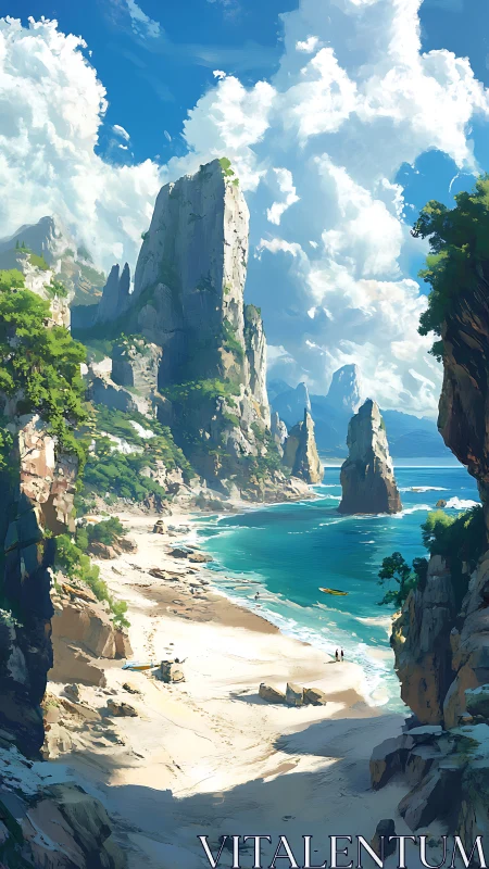 Towering Limestone Formations with Secluded Beach Cove.