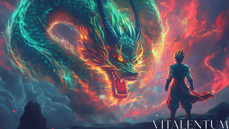 Stormlit dragon standoff with blazing warrior on cosmic ridge.