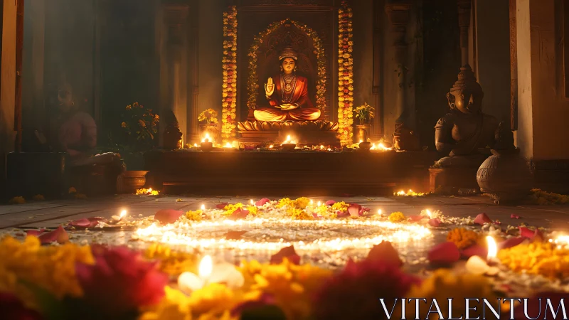 Illuminated Hindu shrine with garlanded deity and diya mandala