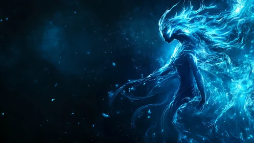 Luminescent cosmic spirit emerges from swirling blue energy