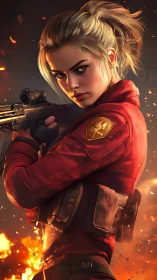 Firelit sharpshooter steadies her aim in a falling ember storm