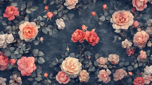 Vintage Roses Bloom Against Textured Dark Slate
