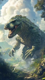 Gigantic Tyrannosaur strides through misty primeval valley