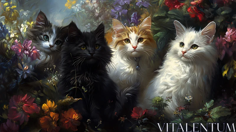Four Feline Friends Among Blooming Garden Flowers.
