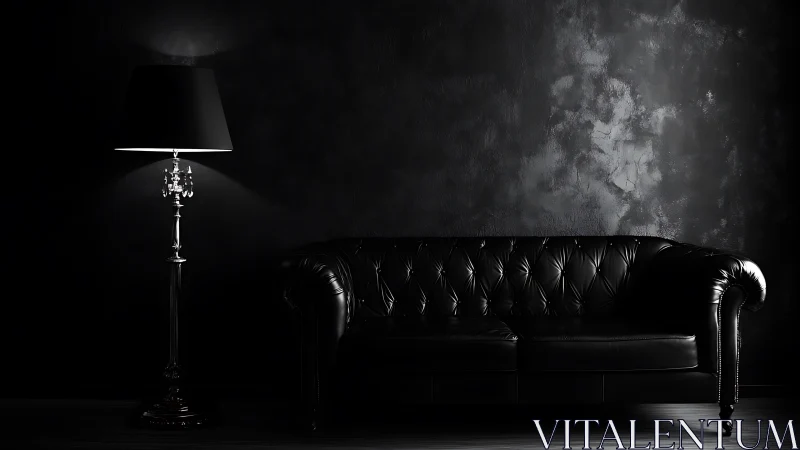 Moody black leather sofa and lamp in dramatic chiaroscuro.