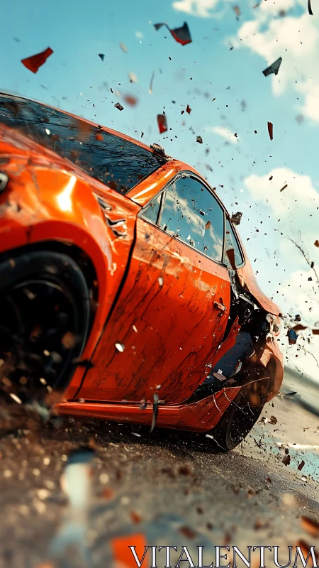 Orange sports car collides and sends debris flying outward
