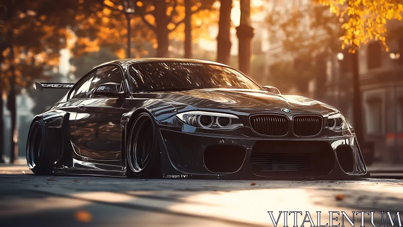 Sleek custom BMW glows softly in golden city sunset light