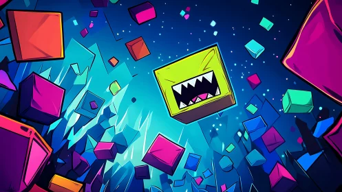 Colorful cube chaos with one tiny pixelated troublemaker.