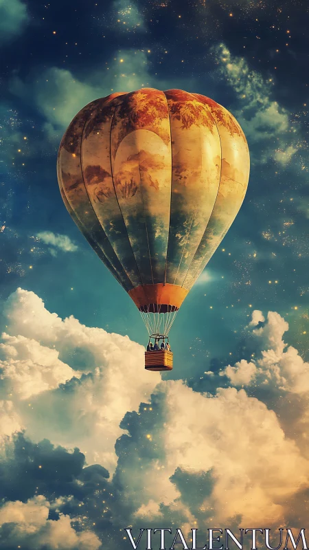 Vintage hot air balloon glides through luminous star clouds.