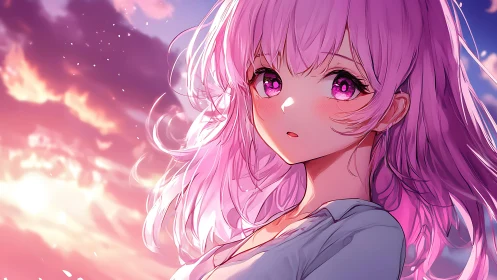 Chromatic dusk portrait of pink haired anime girl profile.