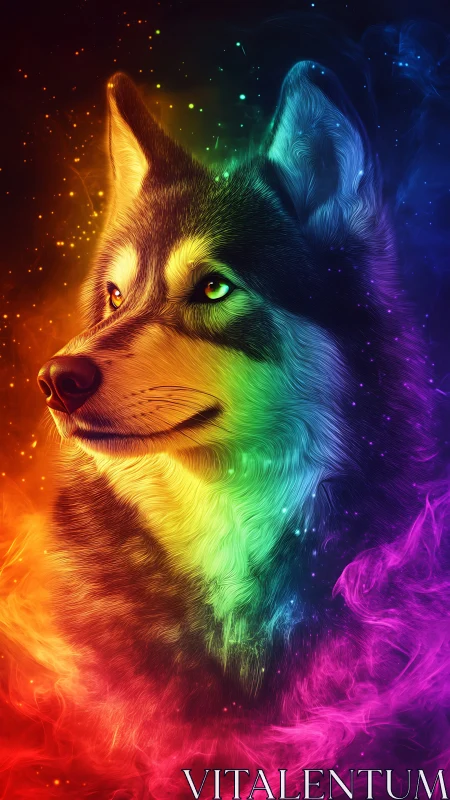 Wolf portrait rendered in multicolor neon light gradients