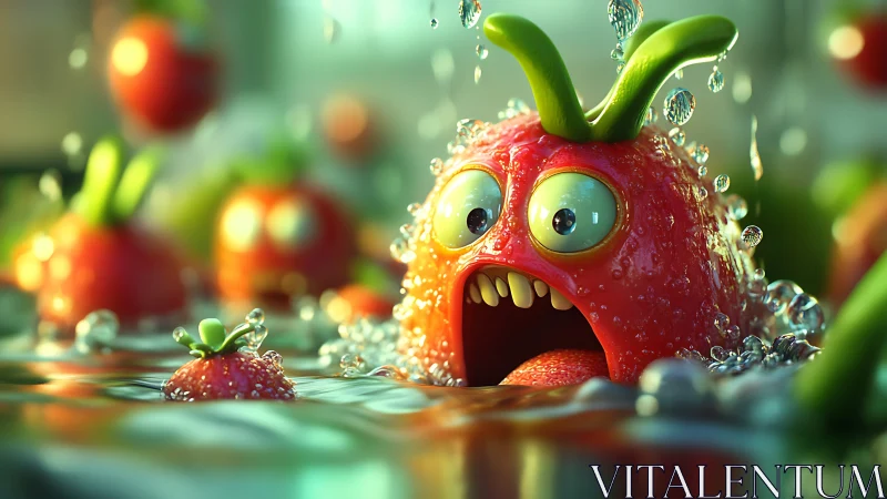 Anthropomorphic strawberries submerged in dynamic water scene.
