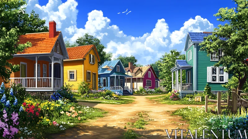 Colorful wooden cottages on sunny rural dirt crossroads
