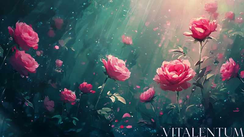 Atmospheric botanical digital render: vibrant fuchsia roses in gradient green-teal luminous field.