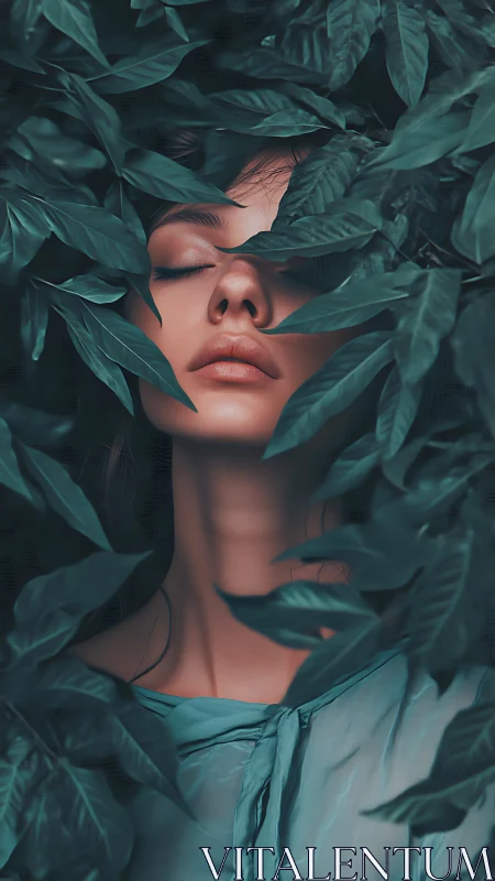 Serene female portrait framed by lush teal foliage.