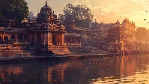 Riverside temple complex glows in serene golden sunset light.