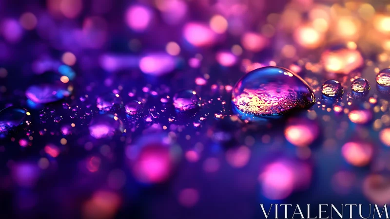 Chromatic macro refraction across iridescent water droplets.