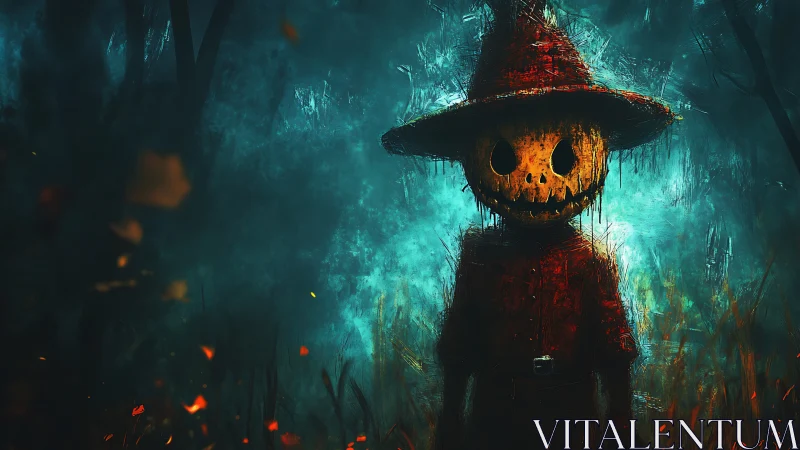 Digital painting of eerie scarecrow in foggy haunted forest.