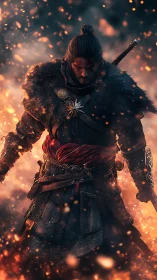 Armored warrior stands amid suspended sparks and diffuse smoke