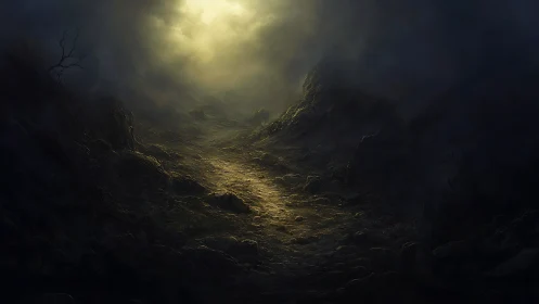 Lone ember path climbing toward a stormlit, haunted sky.