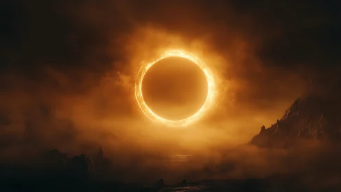 Fiery solar ring ignites a misty, otherworldly canyon sky