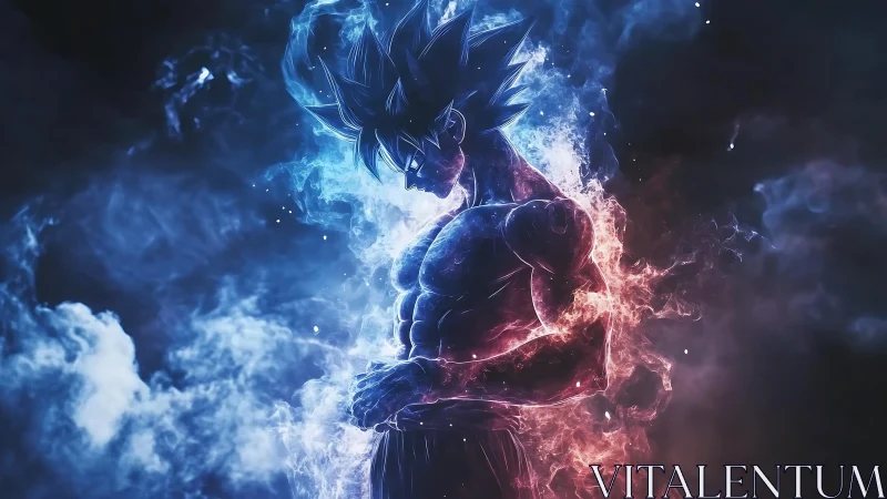 Cosmic warrior poised in twin storms of blue and ember fire.